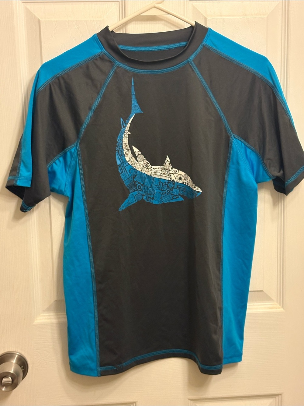 Boys Black & Teal Short-Sleeve Swim Rash Guard
